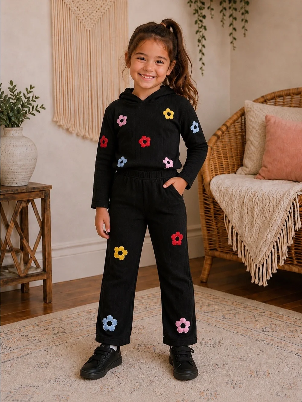 Girls Cozy Black Floral‎ Ribbed Hoodie & Pants Set Size 7Y NWOT